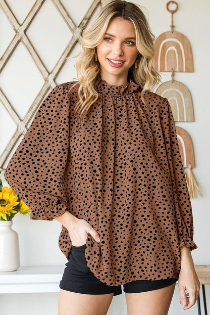 Brown Leopard Print Frill Neck 3/4 Sleeves Blouse - The Fair Lady Shop