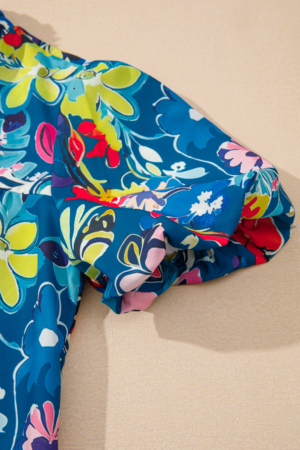 Blue Flower Print Notch V Neck Puff Sleeve Babydoll Blouse - The Fair Lady Shop