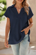 Navy Blue Textured V Neck Collared Slit Hem T Shirt - The Fair Lady Shop