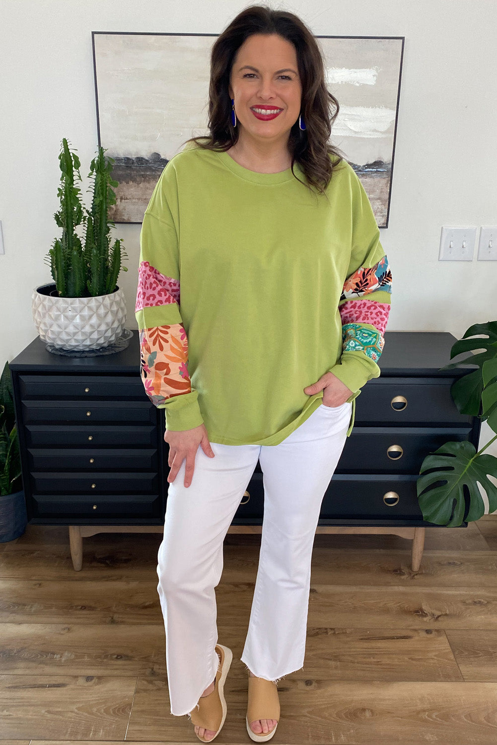 Green Leopard Patchwork Sleeve Split Plus Sweatshirt - The Fair Lady Shop