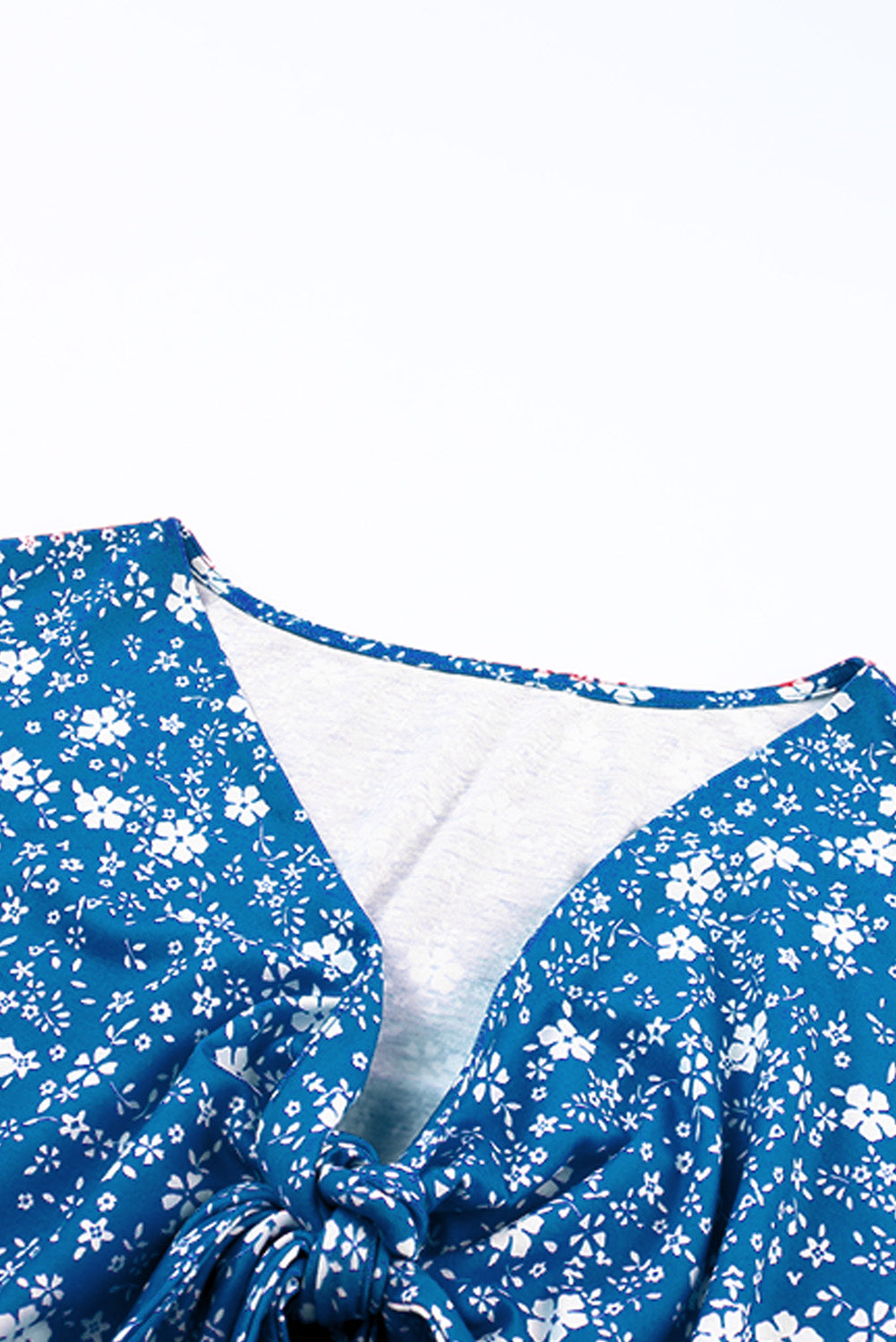 Sky Blue Boho Floral Print Tie V Neck Plus Size Blouse - The Fair Lady Shop