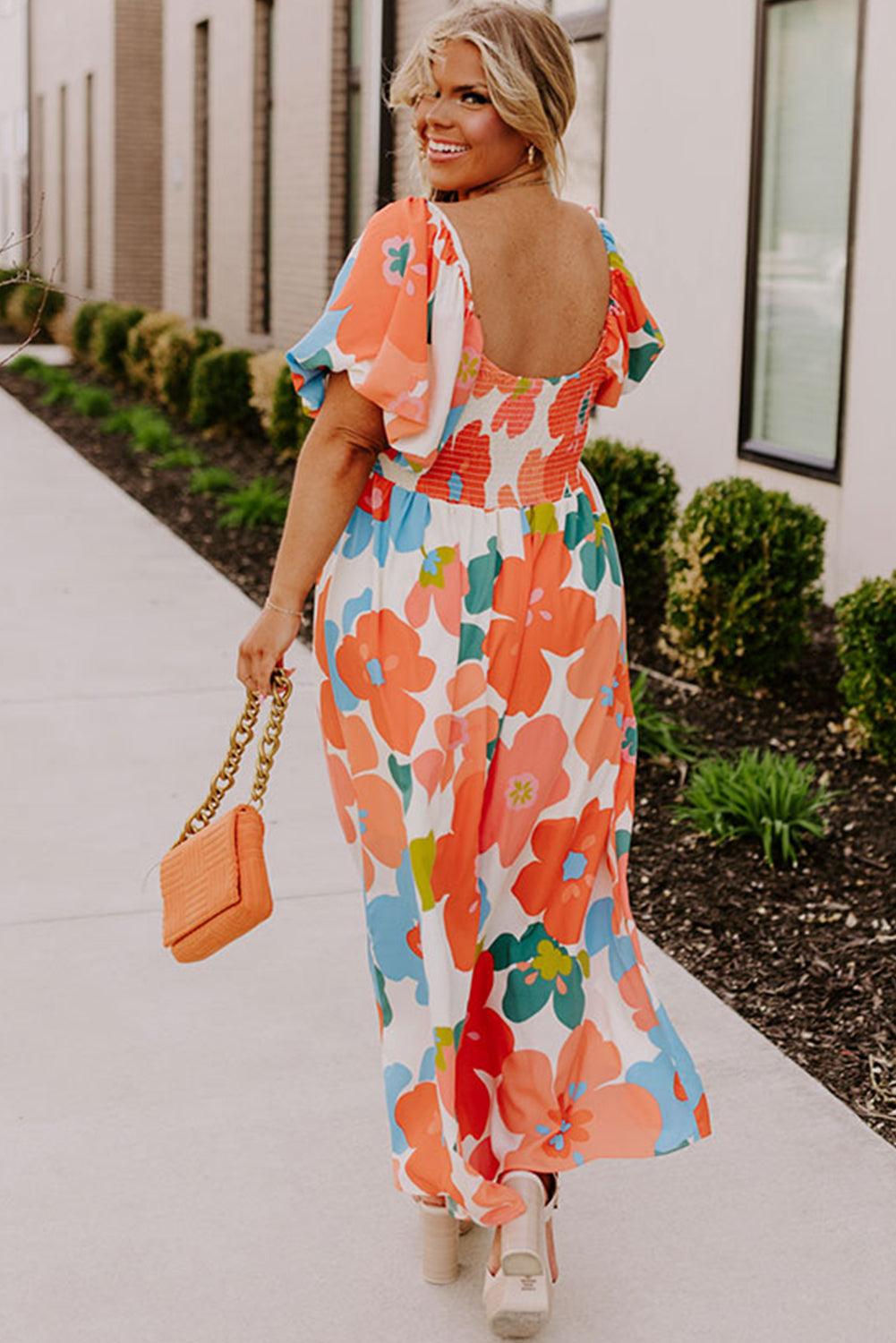 Orange Plus Size Floral Print Square Neck Maxi Dress - The Fair Lady Shop