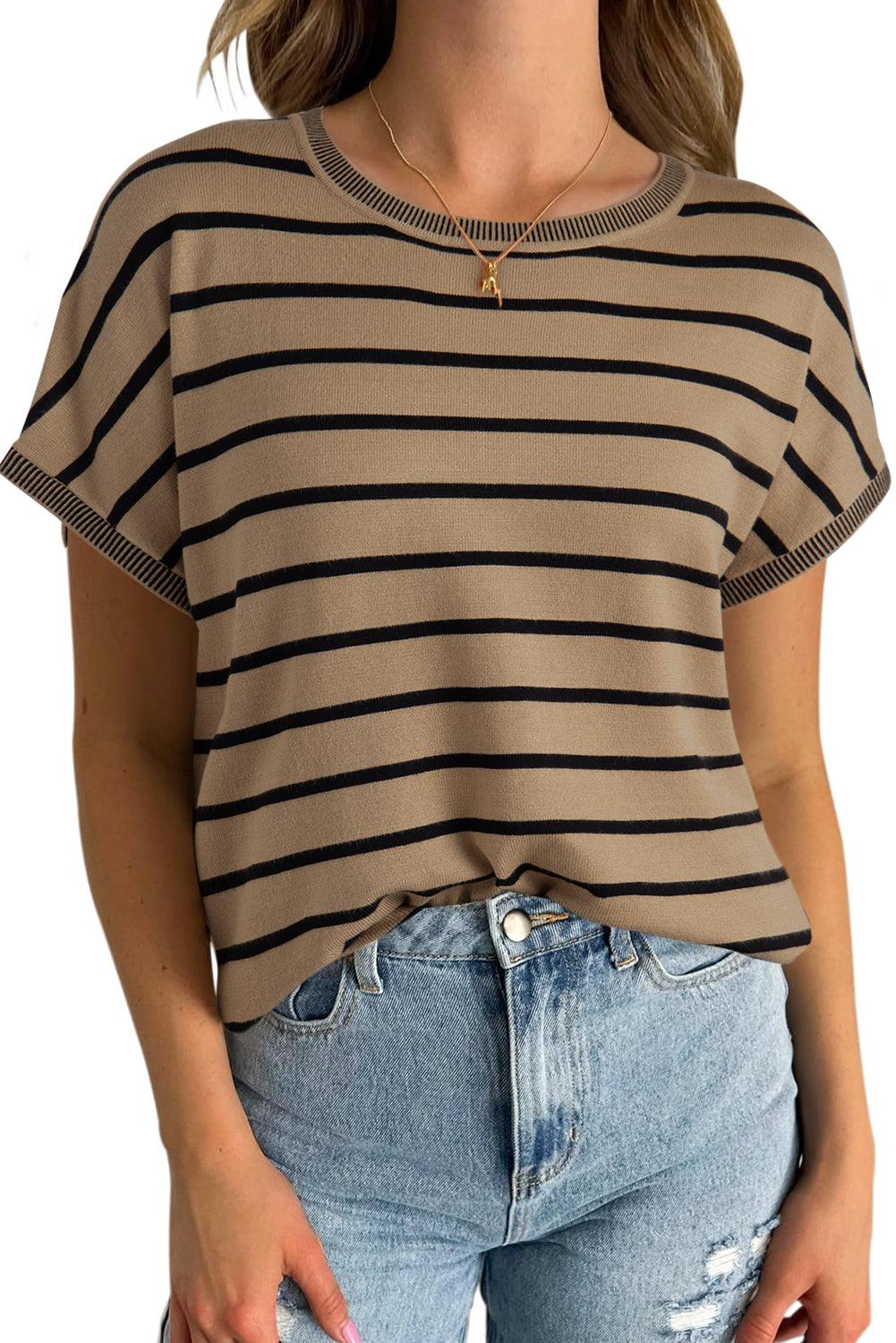 Khaki Stripe Knitted Dolman T Shirt - The Fair Lady Shop