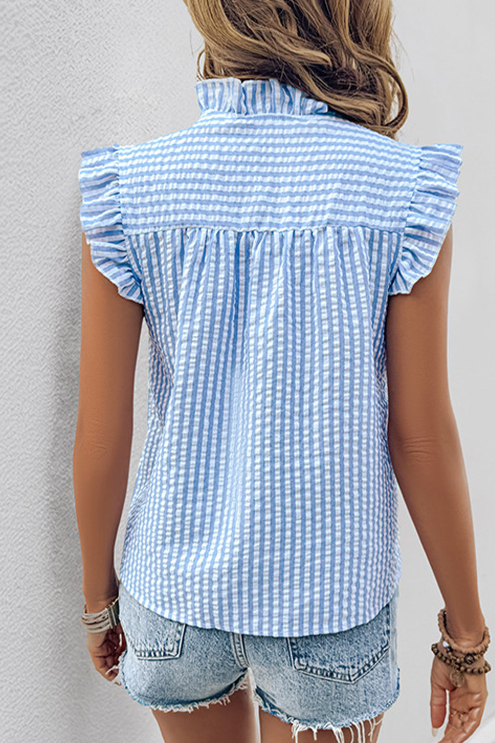 Sky Blue Stripe Lace Patchwork Stand Neck Ruffle Blouse - The Fair Lady Shop