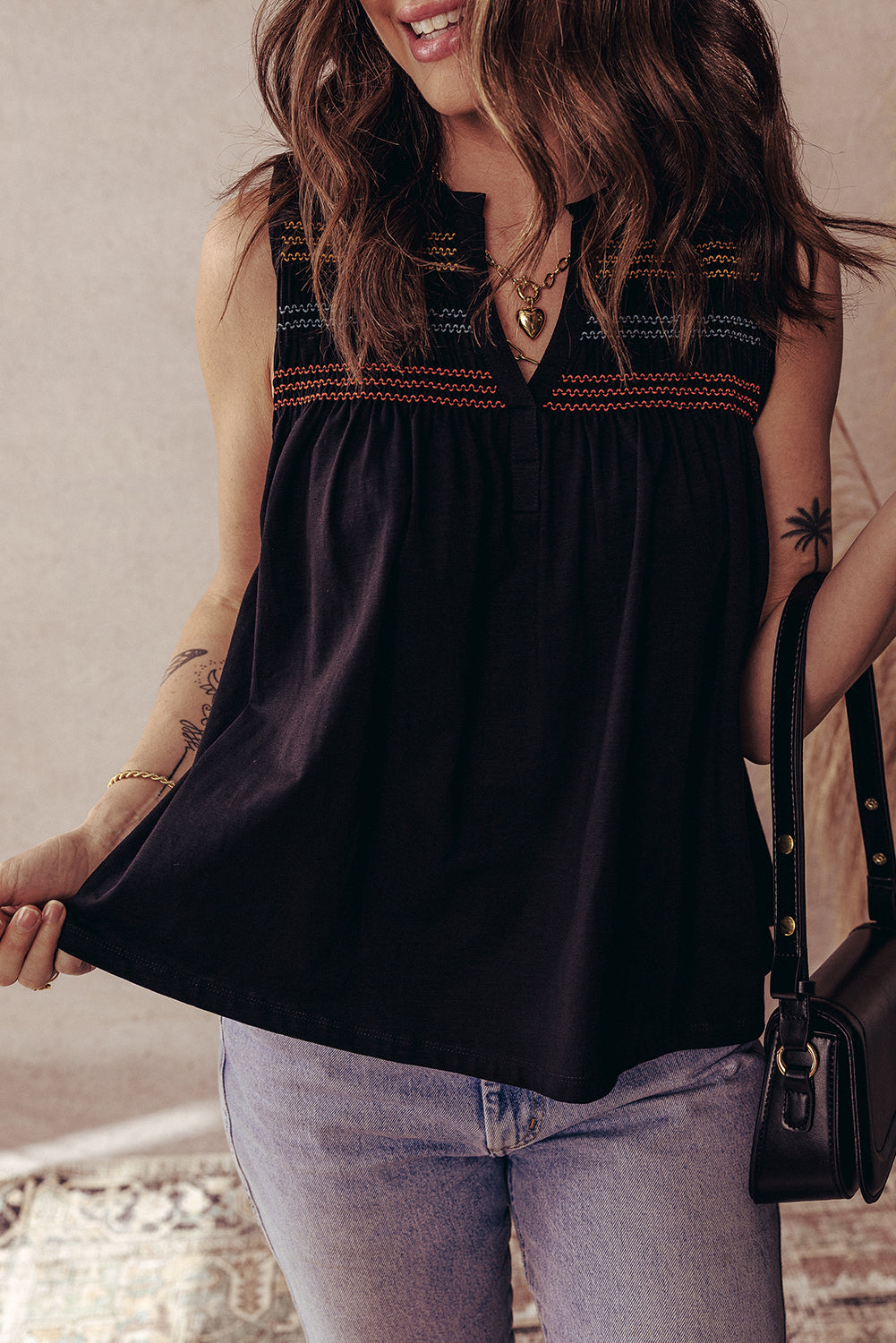 Black Shirred Yoke Notched V Neck Tank Top - The Fair Lady Shop