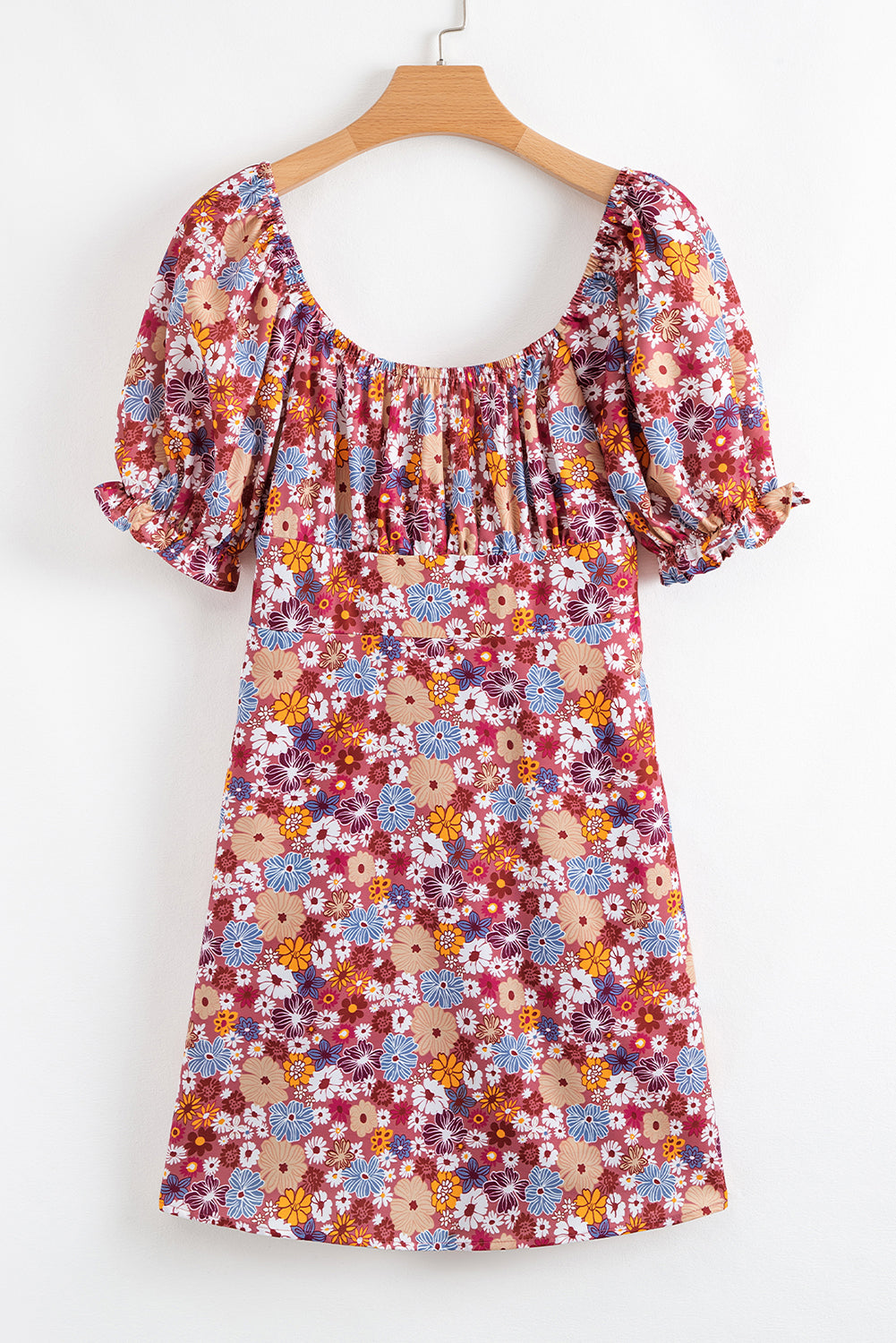 Red Floral Puff Sleeve Square Neck Knot Backless Mini Dress - The Fair Lady Shop
