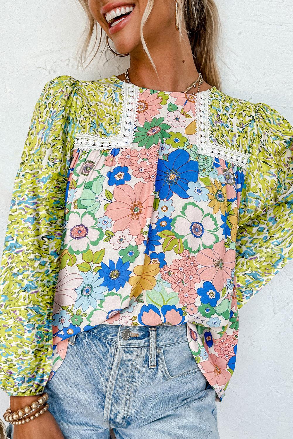 Green Bubble Sleeve Lace Detail Mixed Floral Blouse - The Fair Lady Shop