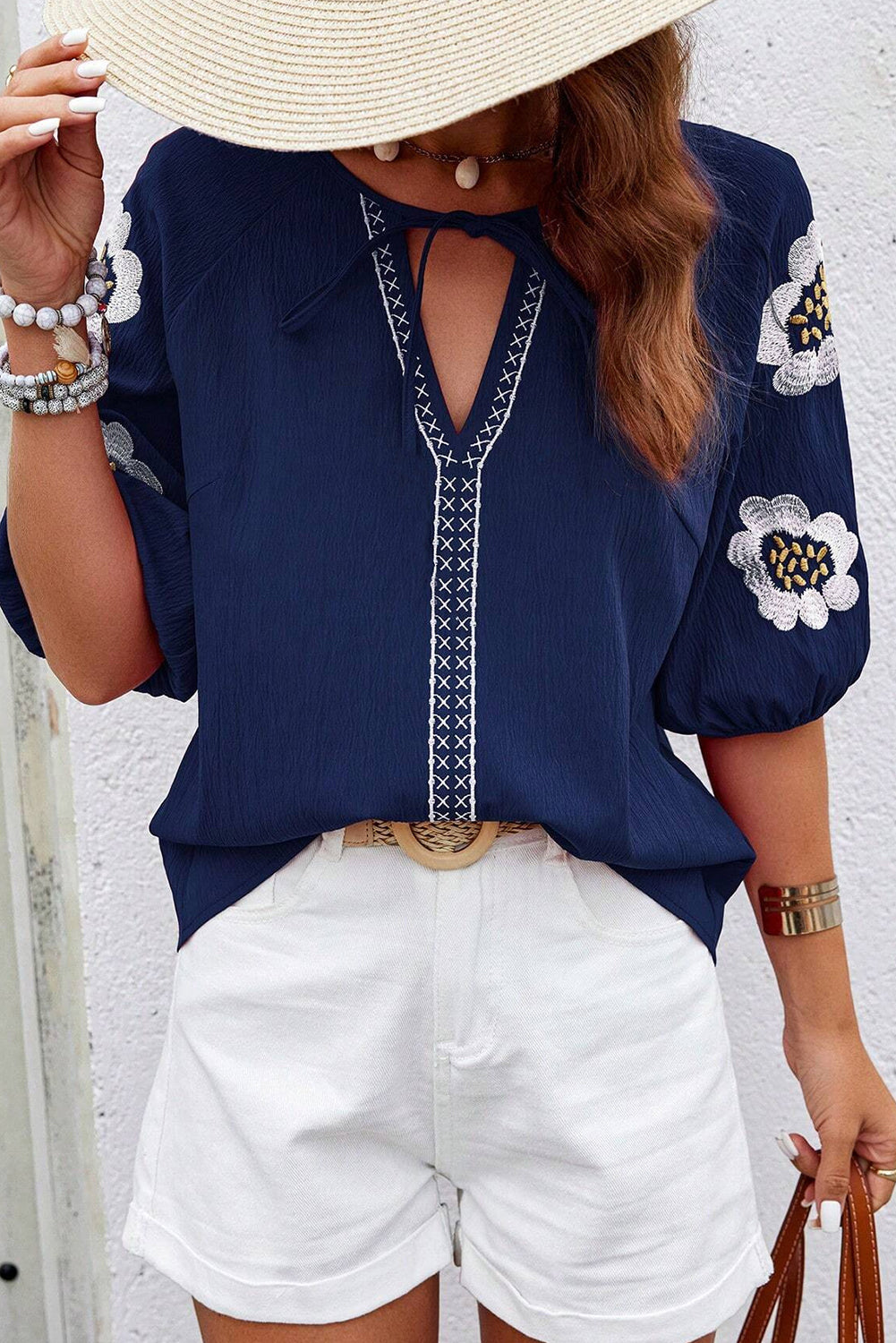 Navy Blue Embroidered Flower V Neck Elegant Half Sleeve Blouse - The Fair Lady Shop