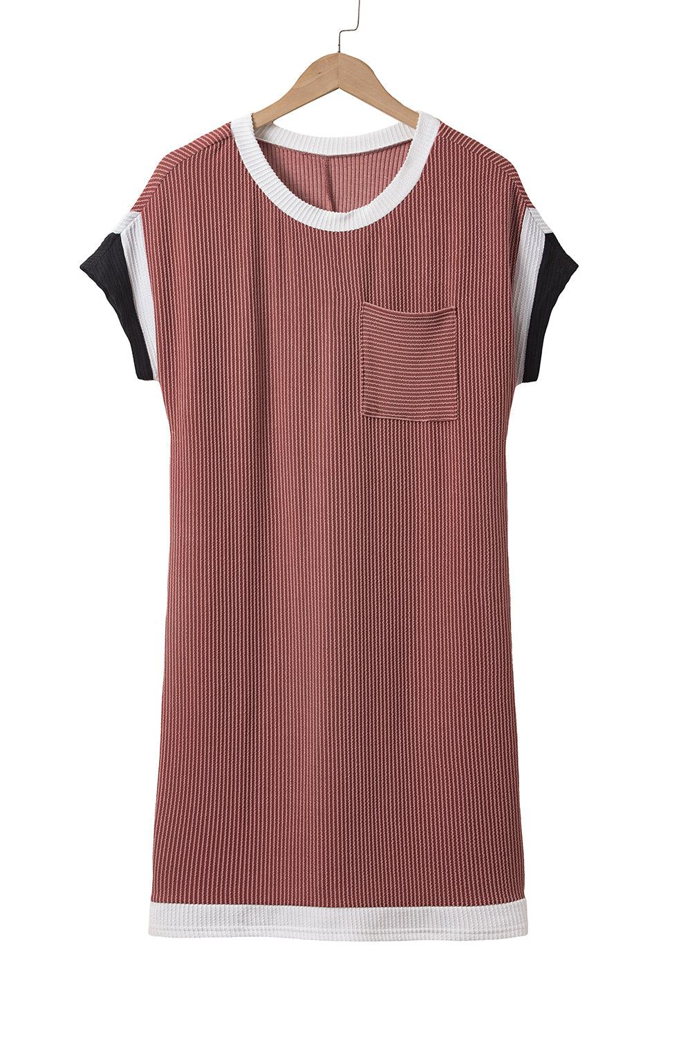 Light French Beige Rib Textured Colorblock Pocket T Shirt Dress - The Fair Lady Shop