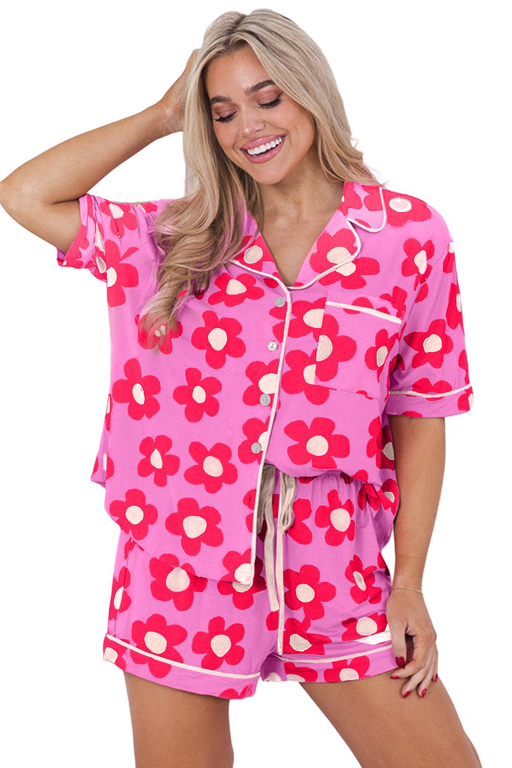 Green Flower Print Buttoned Shirt and Drawstring Waist Pajama Set - The Fair Lady Shop