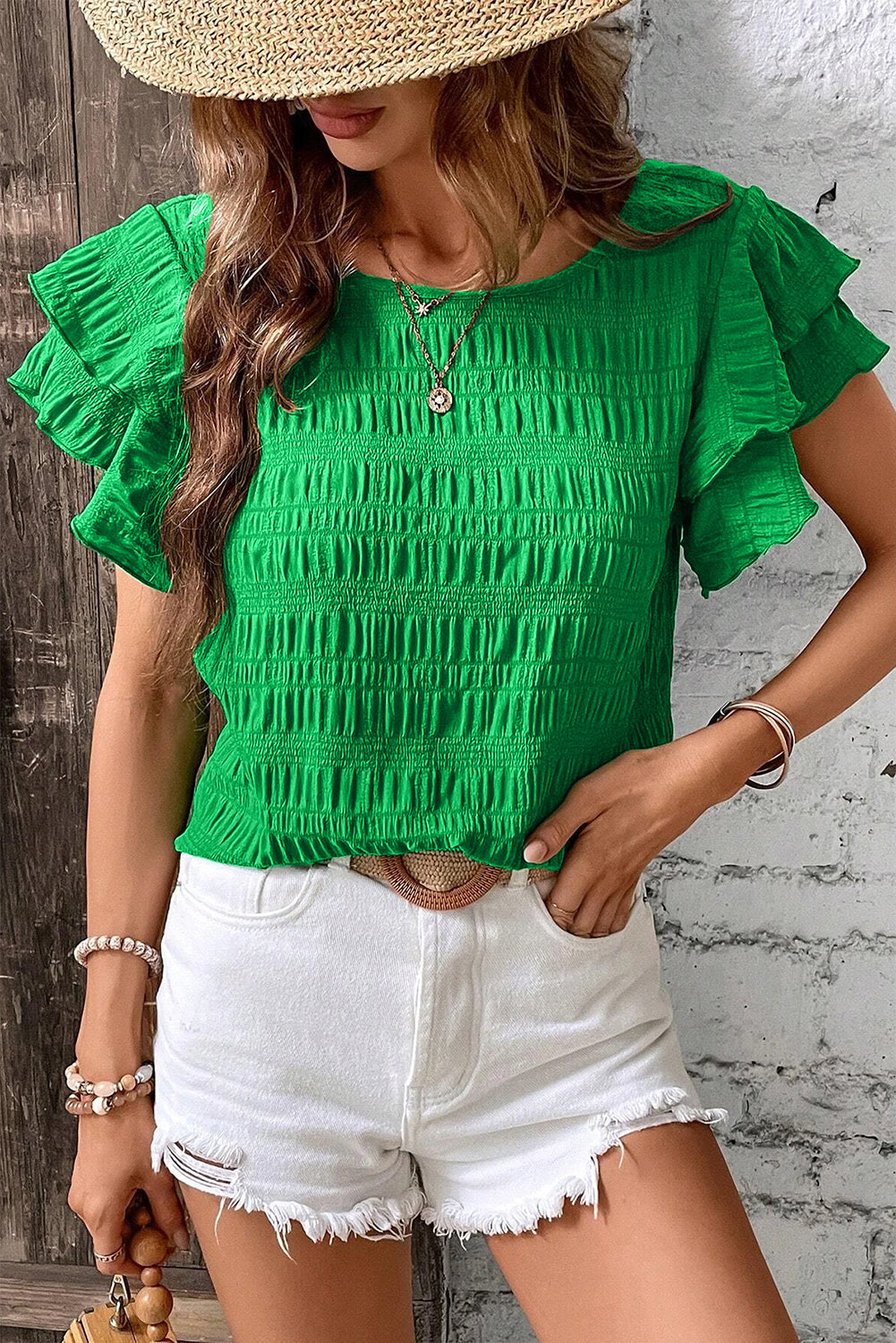 Dark Green Ruffle Sleeve Textured Smocked Blouse - The Fair Lady Shop