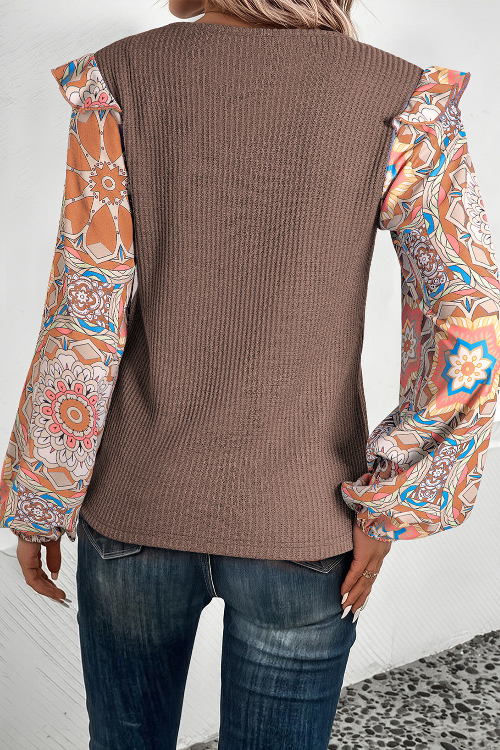 Coffee Ruffle Floral Sleeve Patchwork Waffle Top - The Fair Lady Shop