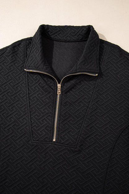 Black Solid Textured Half Zipper Collared Sweatshirt - The Fair Lady Shop