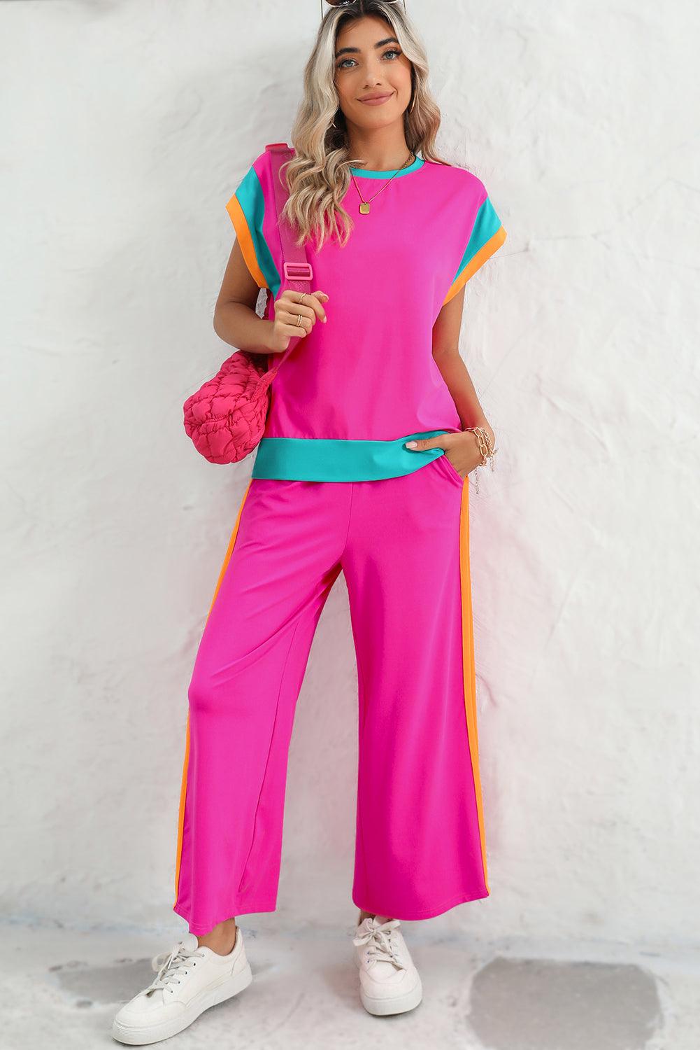 Chestnut Colorblock Cap Sleeve Tee and Wide Leg Pants Set - The Fair Lady Shop