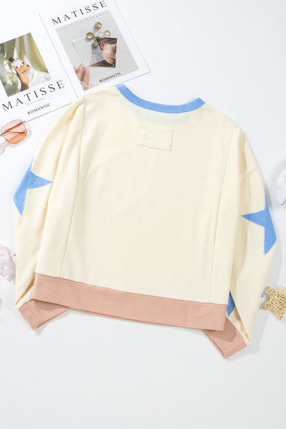 Beige Star Patchwork Exposed Seam Oversized Sweatshirt - The Fair Lady Shop