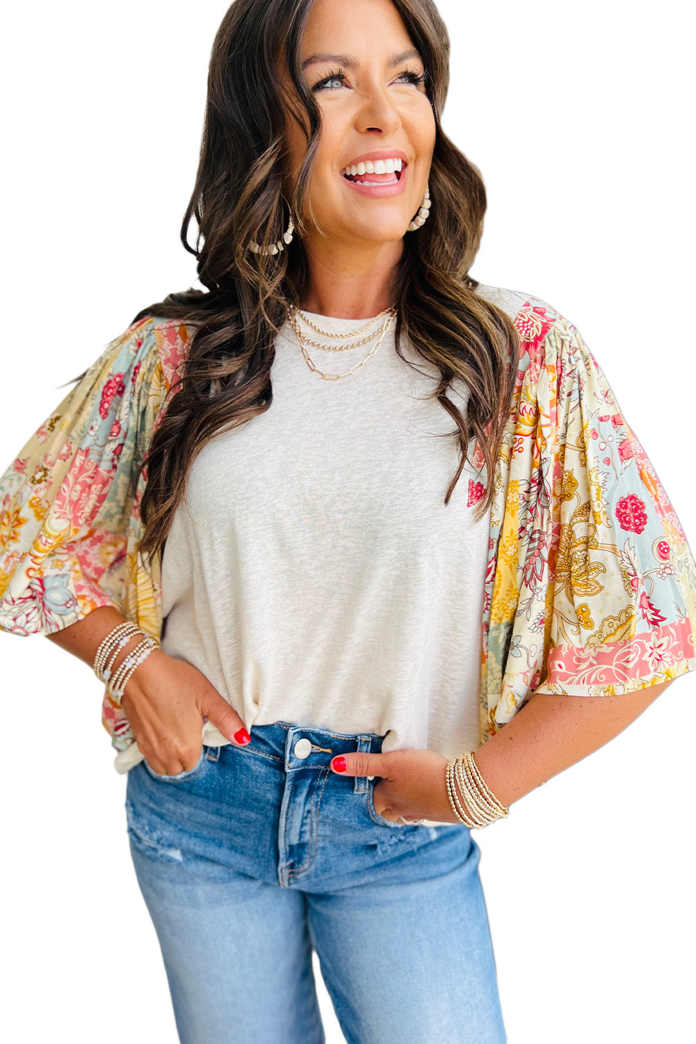 Beige Floral Patchwork Batwing Sleeve Blouse - The Fair Lady Shop