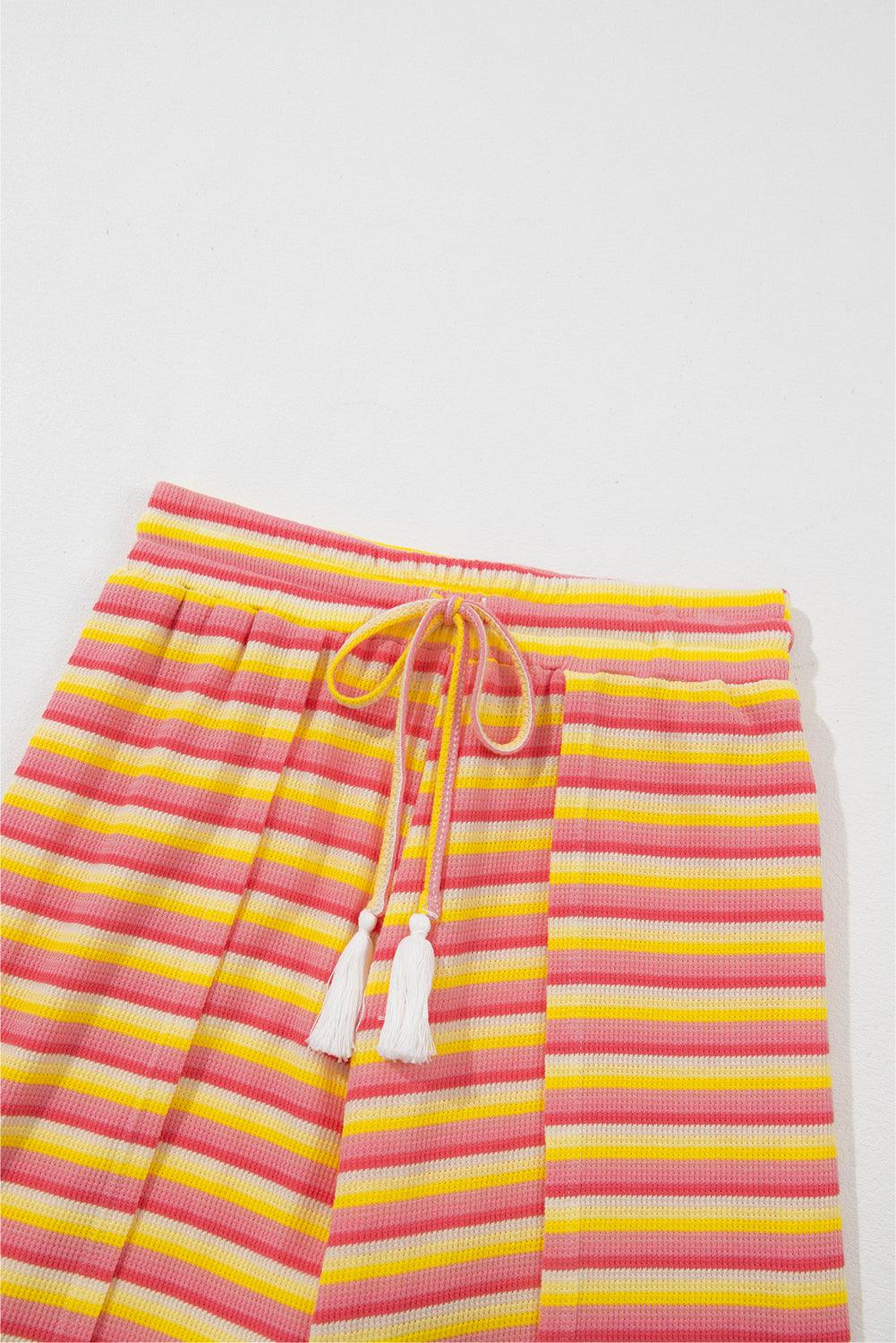 Yellow Stripe Rainbow Tee and Tassel Drawstring Wide Leg Pants Set - The Fair Lady Shop