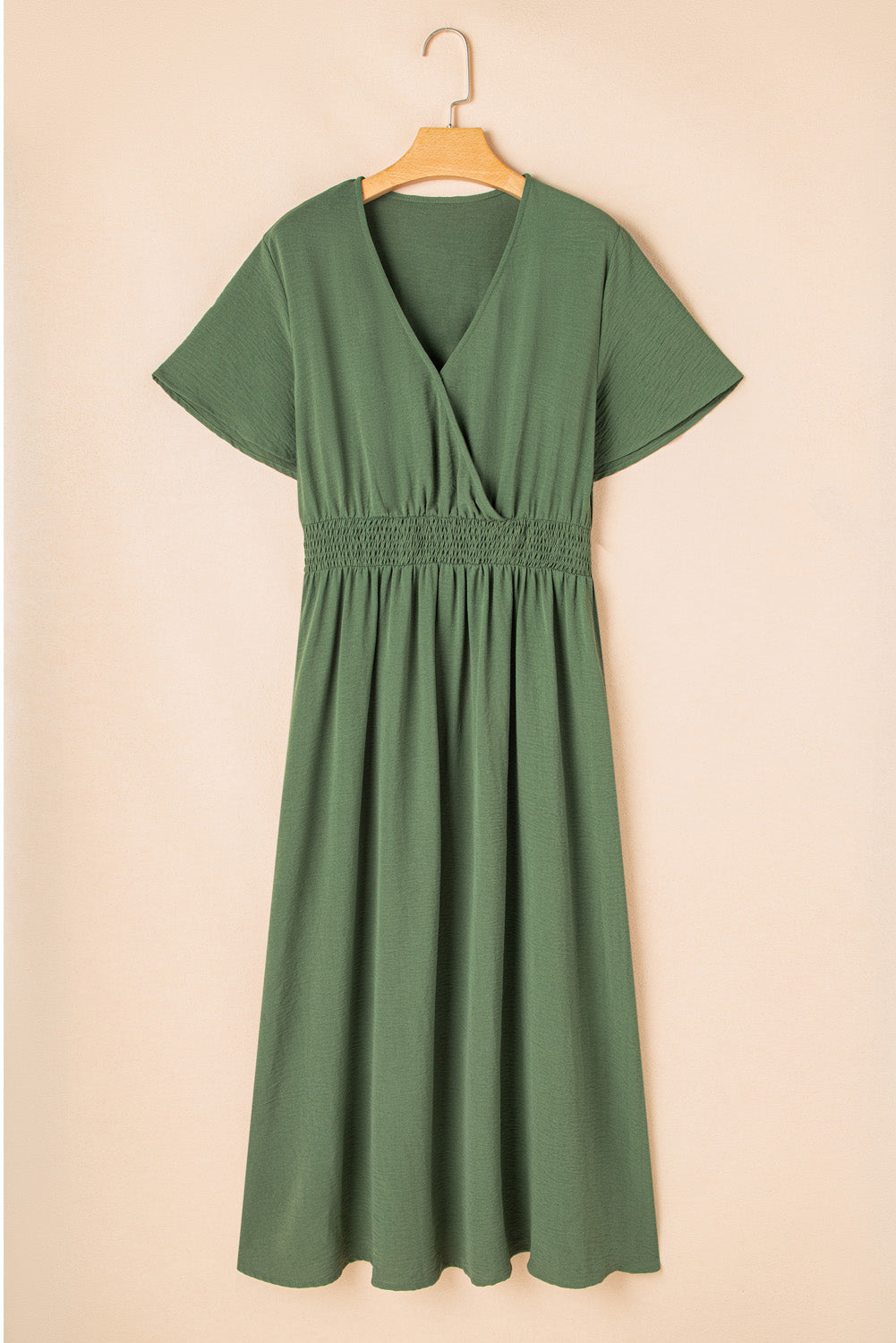 Green Surplice Neckline Smocked High Waist Plus Size Maxi Dress - The Fair Lady Shop
