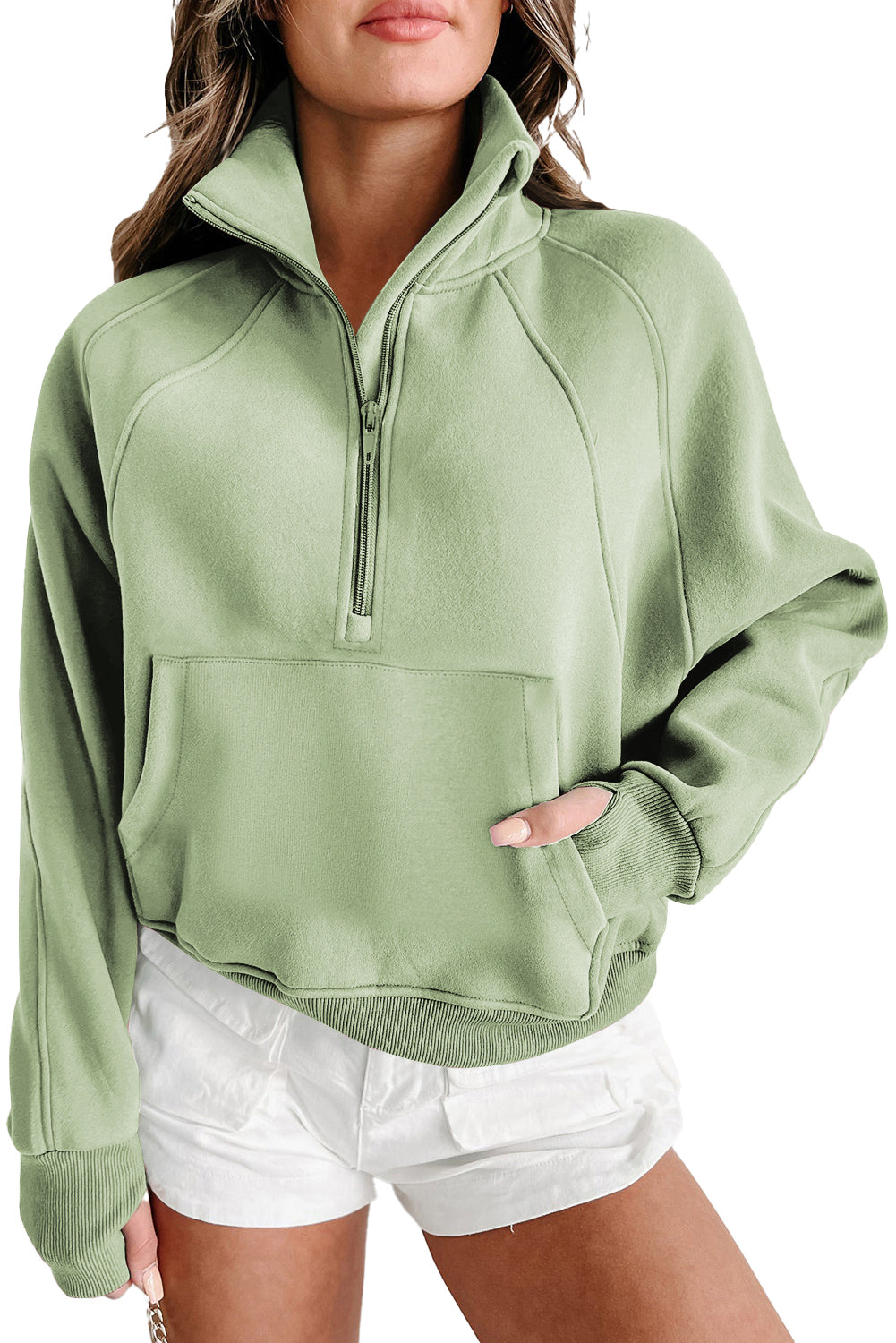 Smoke Green Zip Up Stand Collar Ribbed Thumbhole Sleeve Sweatshirt - The Fair Lady Shop