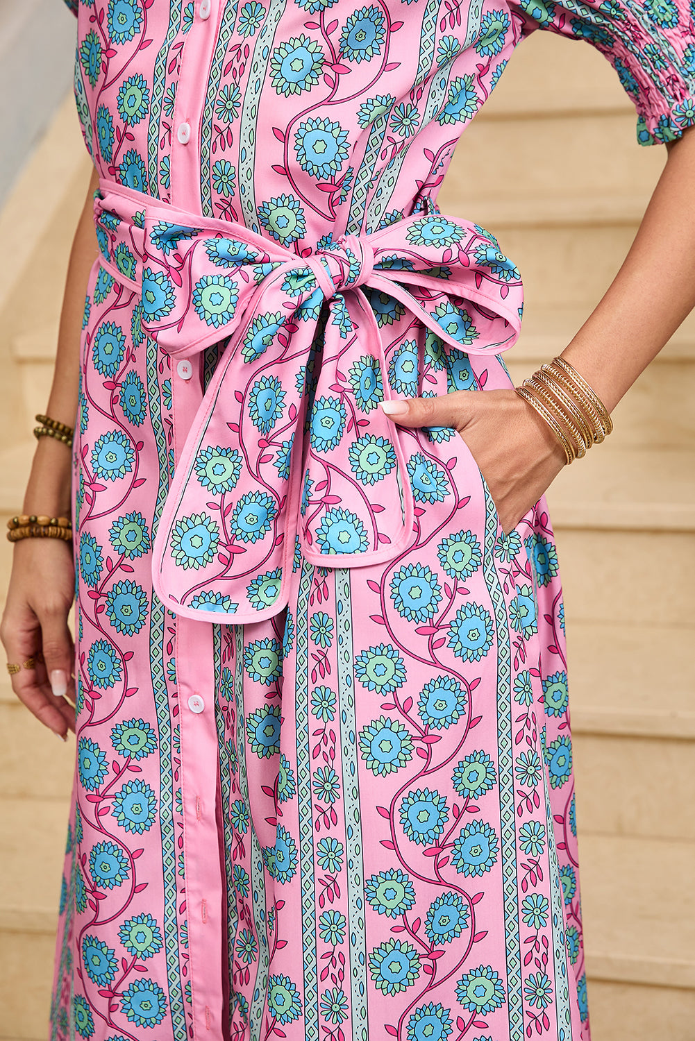 Pink Boho Floral Shirred Short Sleeve Belted Dress - The Fair Lady Shop