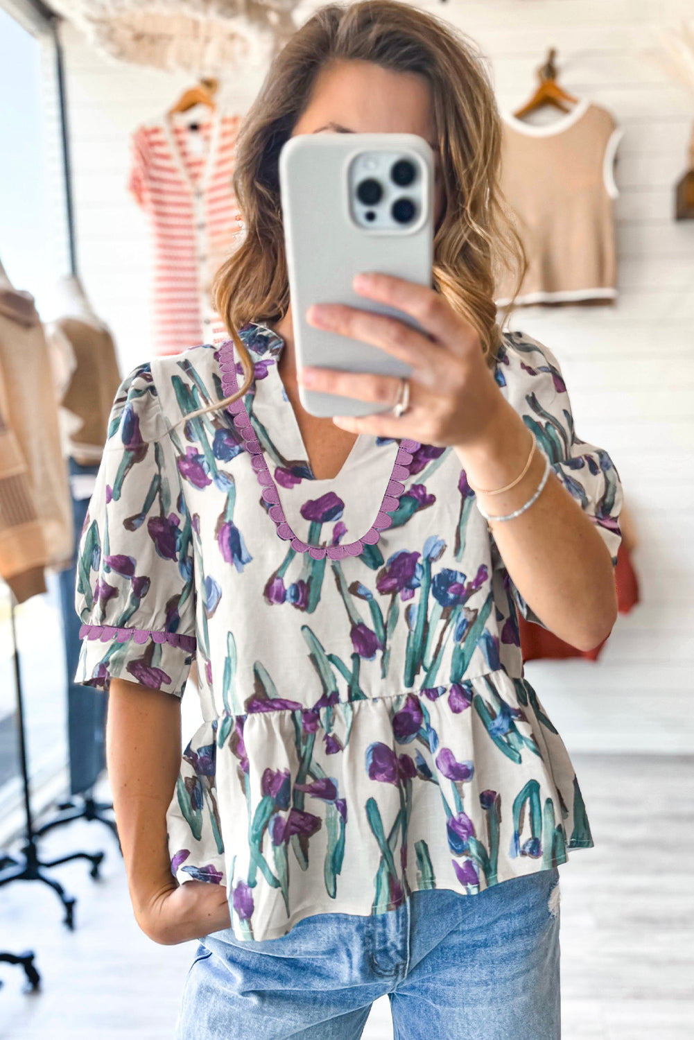 Purple Floral Ricrac Trim Puff Sleeve Peplum Blouse - The Fair Lady Shop