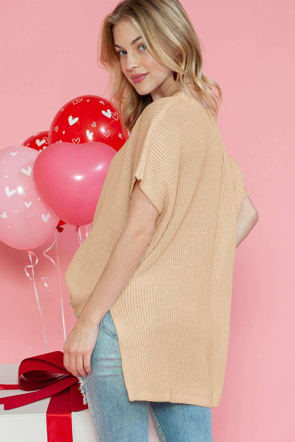 Apricot Side Slit Short Sleeve Oversized Sweater - The Fair Lady Shop