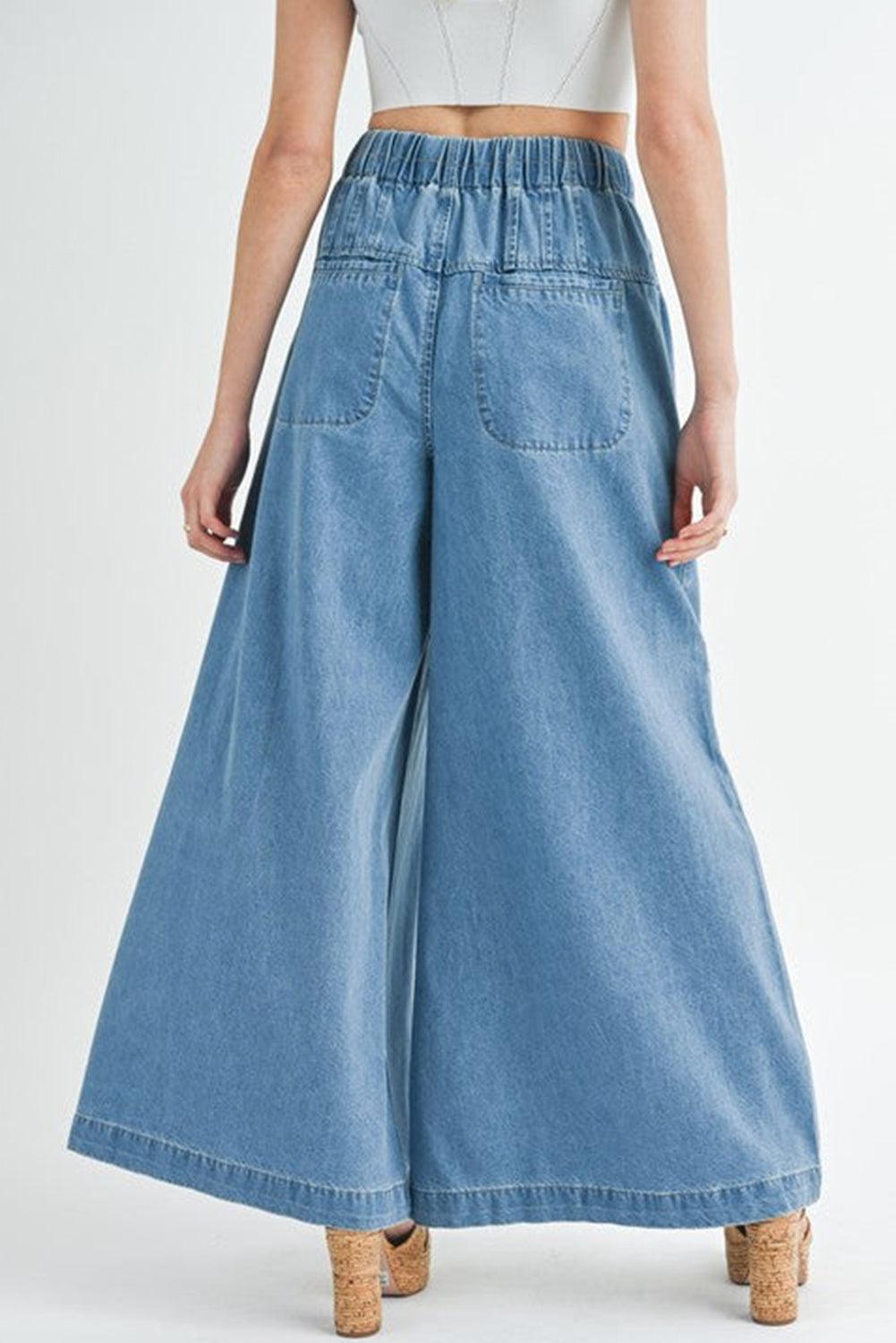 Dusk Blue Mineral Wash Button High Waist Wide Leg Jeans - The Fair Lady Shop