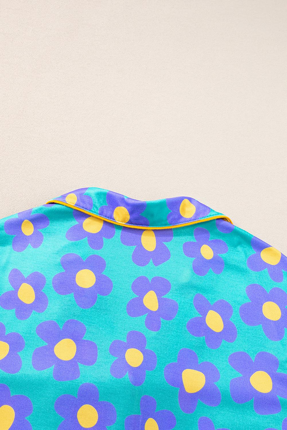 Green Flower Print Buttoned Shirt and Drawstring Waist Pajama Set - The Fair Lady Shop