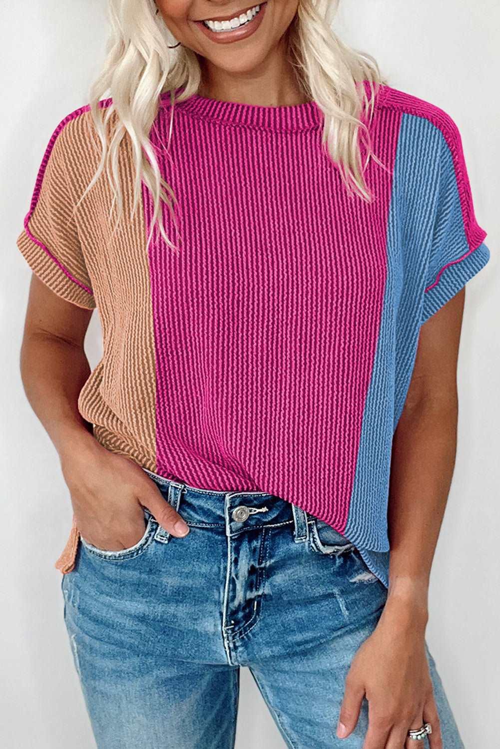 Apricot Pink Colorblock Ribbed Round Neck T Shirt - The Fair Lady Shop