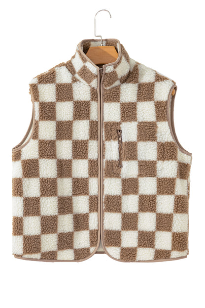 Khaki Checkered Sherpa Collared Jacket Vest - The Fair Lady Shop