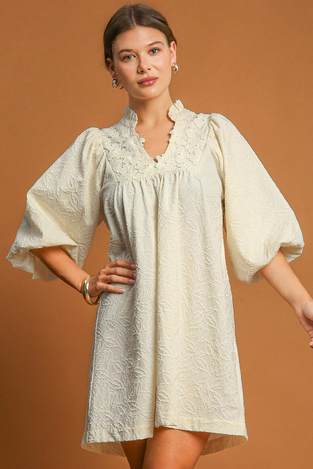 White Floral Textured Frill V Neck Mini Dress - The Fair Lady Shop