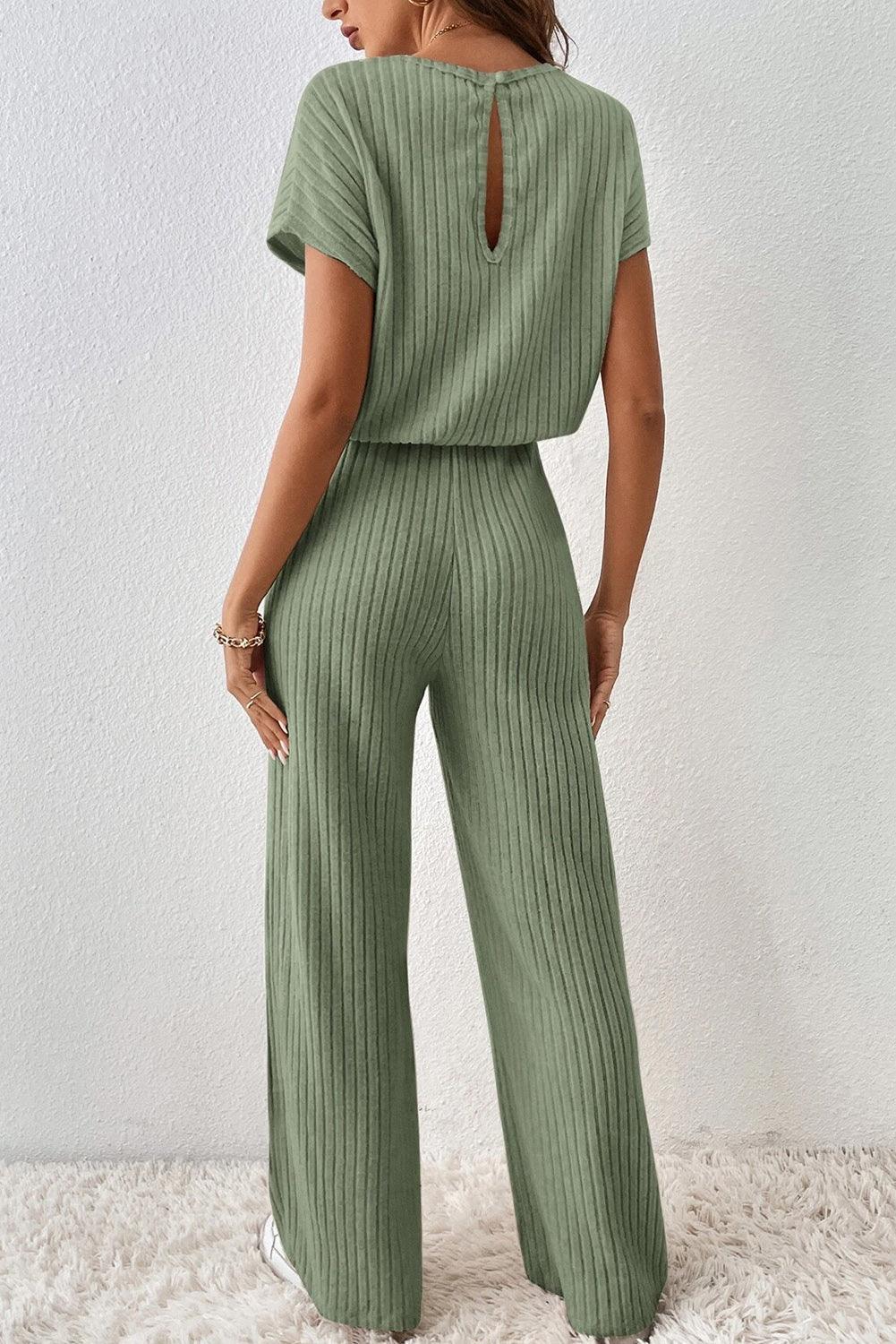 Grass Green Solid Color Ribbed Short Sleeve Wide Leg Jumpsuit - The Fair Lady Shop