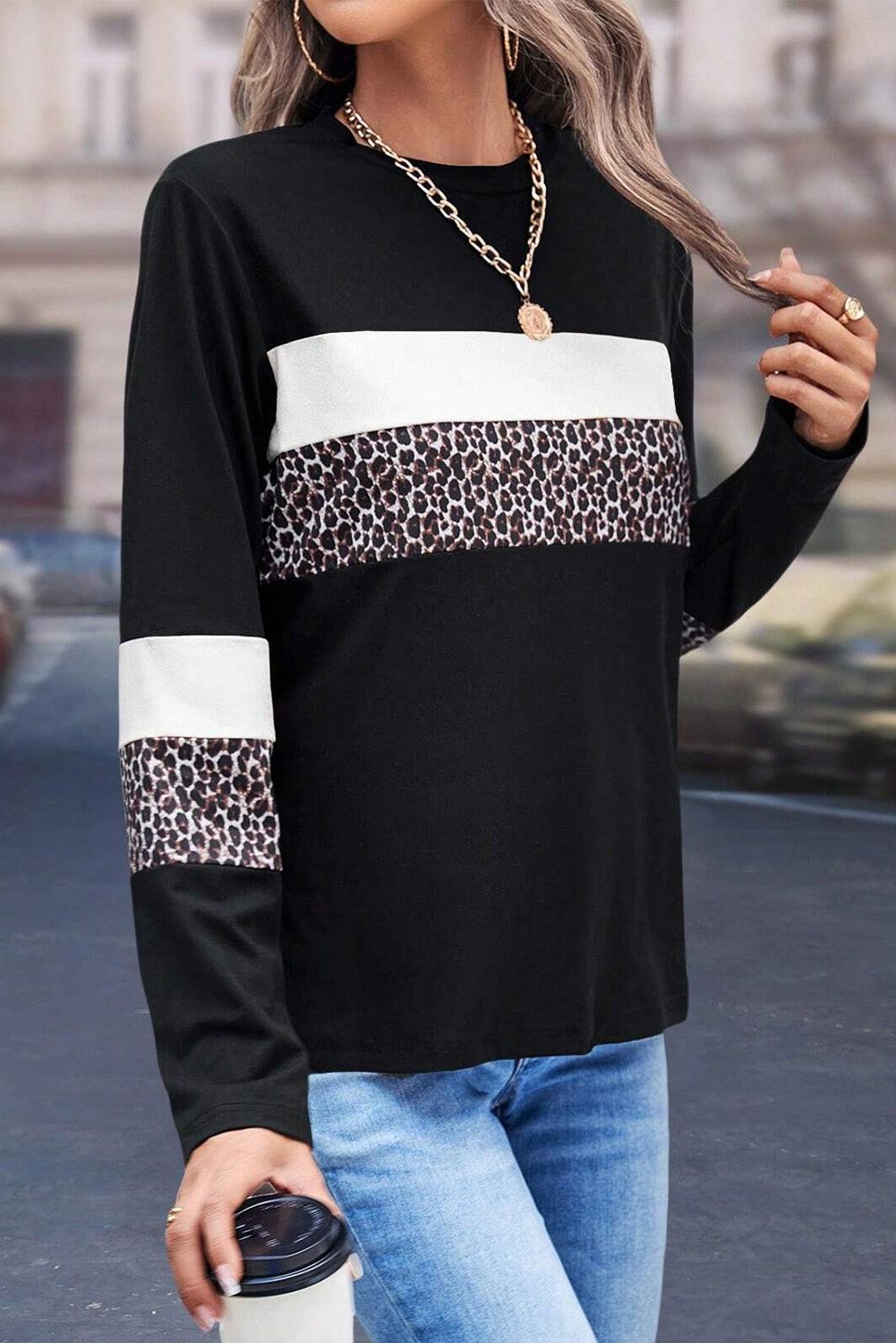 White Leopard Colorblock Patchwork Crew Neck Top - The Fair Lady Shop