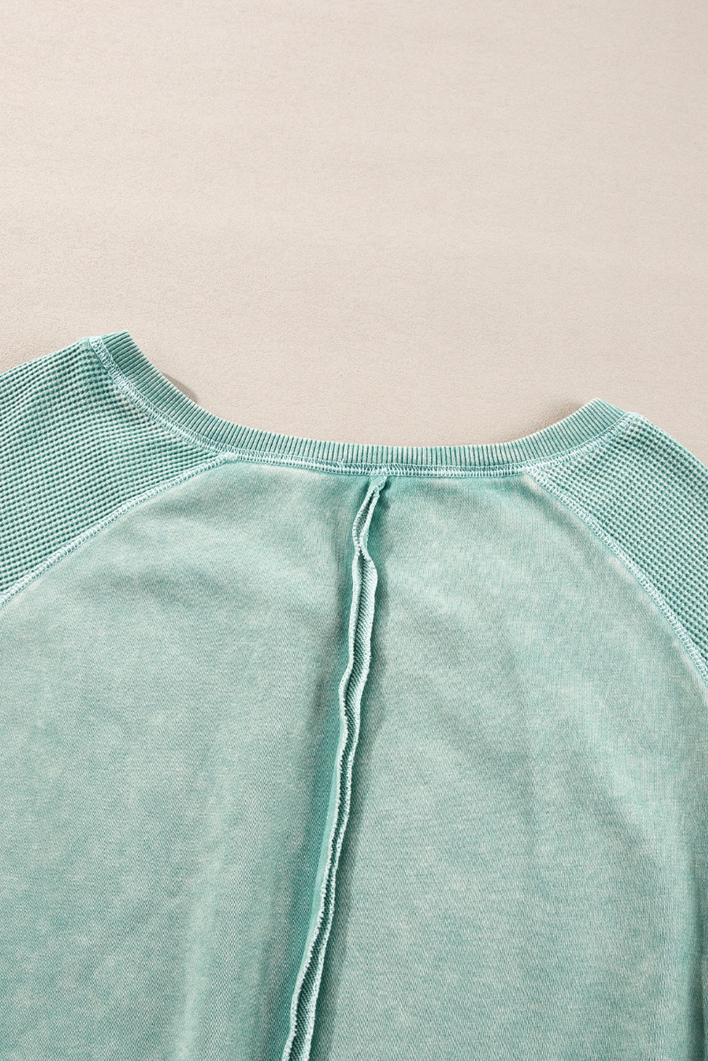 Mineral Blue Waffle Patchwork Raglan Sleeve Exposed Seam Sweatshirt - The Fair Lady Shop