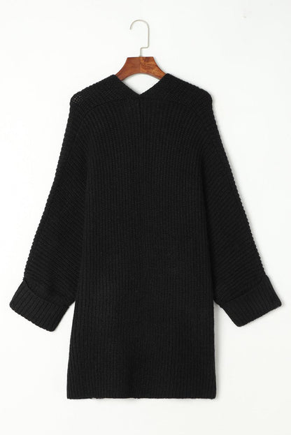 Black Batwing Sleeve Pocket Oversized Cable Knit Cardigan - The Fair Lady Shop