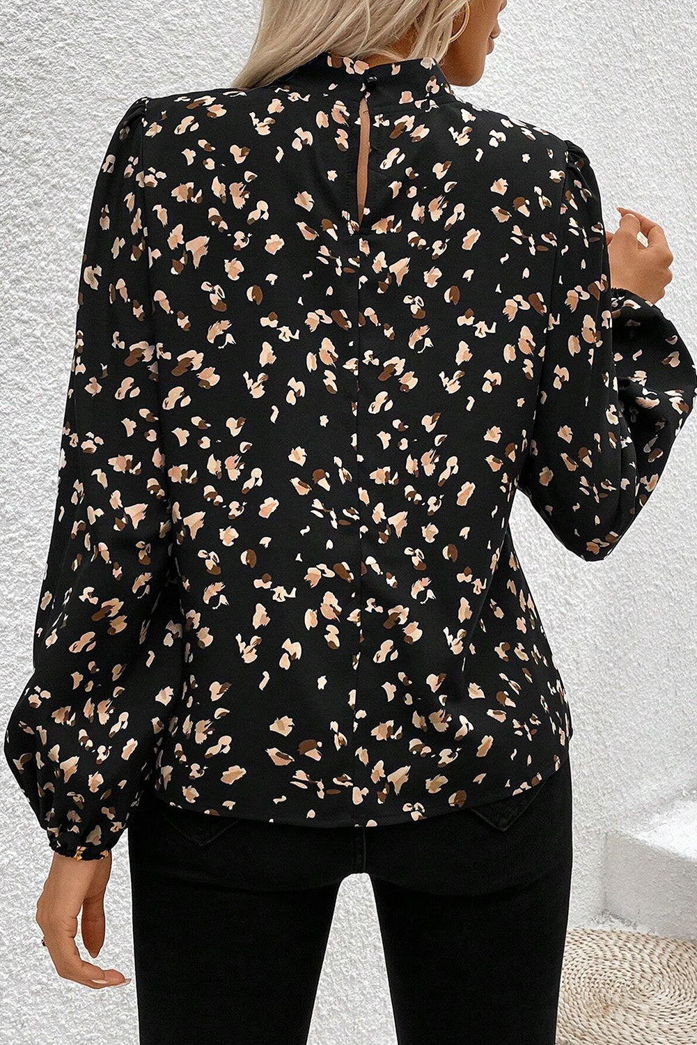 Black Leopard Print Puff Sleeve Mock Neck Pleated Blouse - The Fair Lady Shop