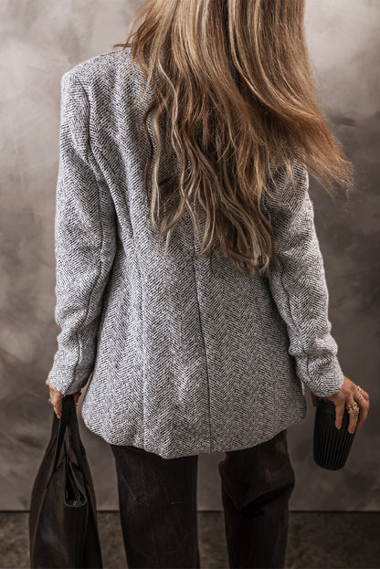 Light Grey Lapel Collar Pocketed Long Jacket - The Fair Lady Shop