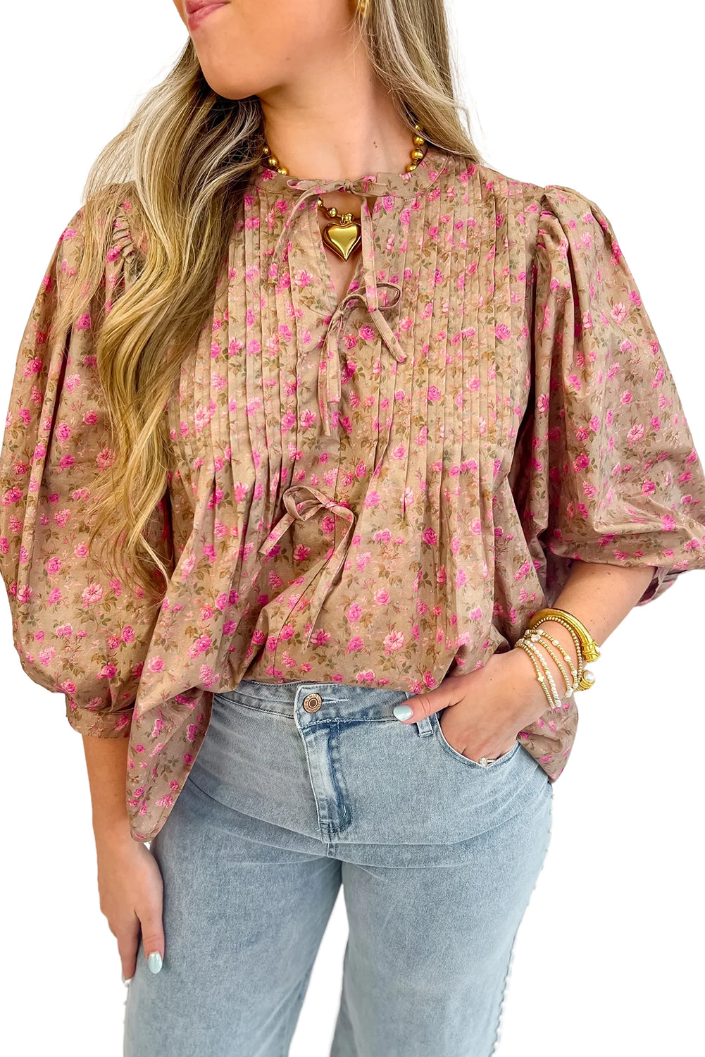 Light French Beige Ditsy Floral Print Bow Front Puff Sleeve Blouse - The Fair Lady Shop