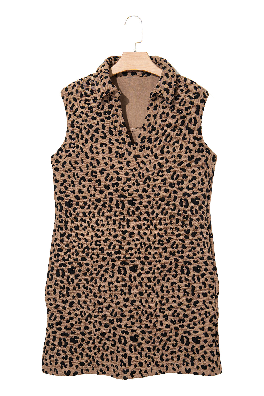 Khaki Leopard Print V Neck Sleeveless Collared Mini Dress - The Fair Lady Shop