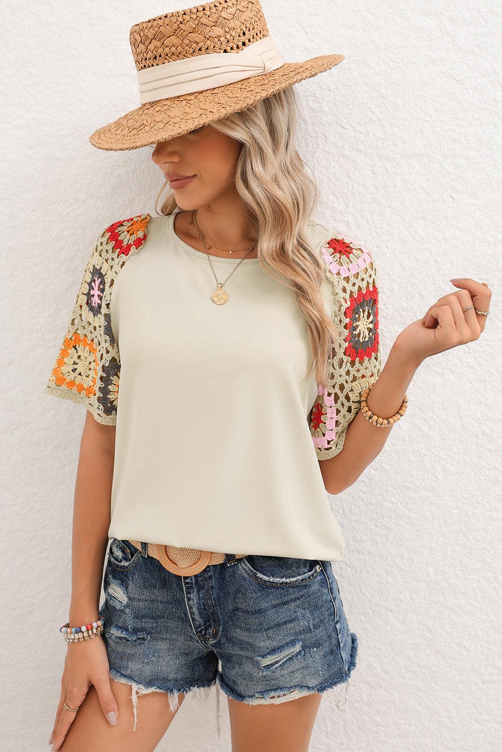 Black Floral Hollowed Crochet Sleeve Boho T Shirt - The Fair Lady Shop