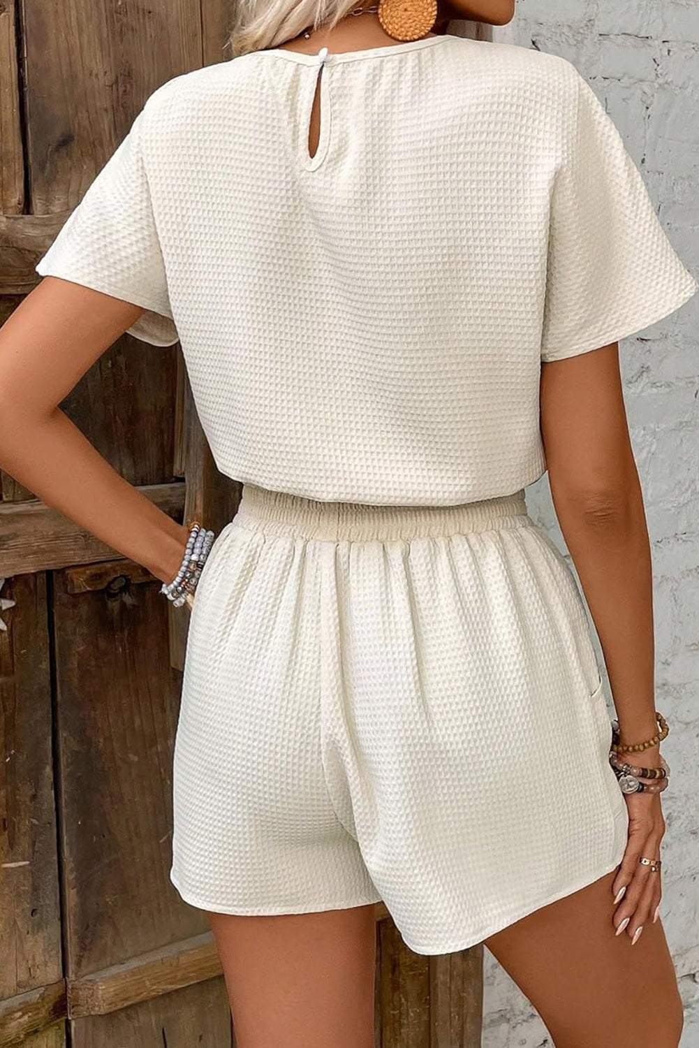 Beige Solid Textured Top and Shorts Set - The Fair Lady Shop