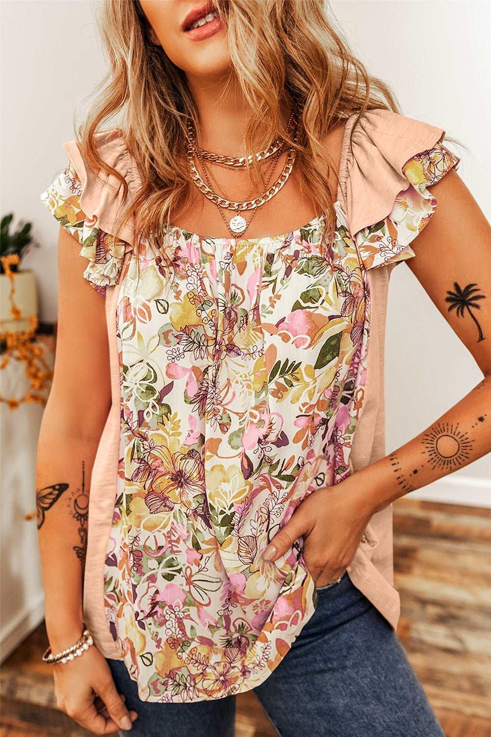 Apricot Pink Floral Print Square Neck Ruffle Sleeve Blouse - The Fair Lady Shop