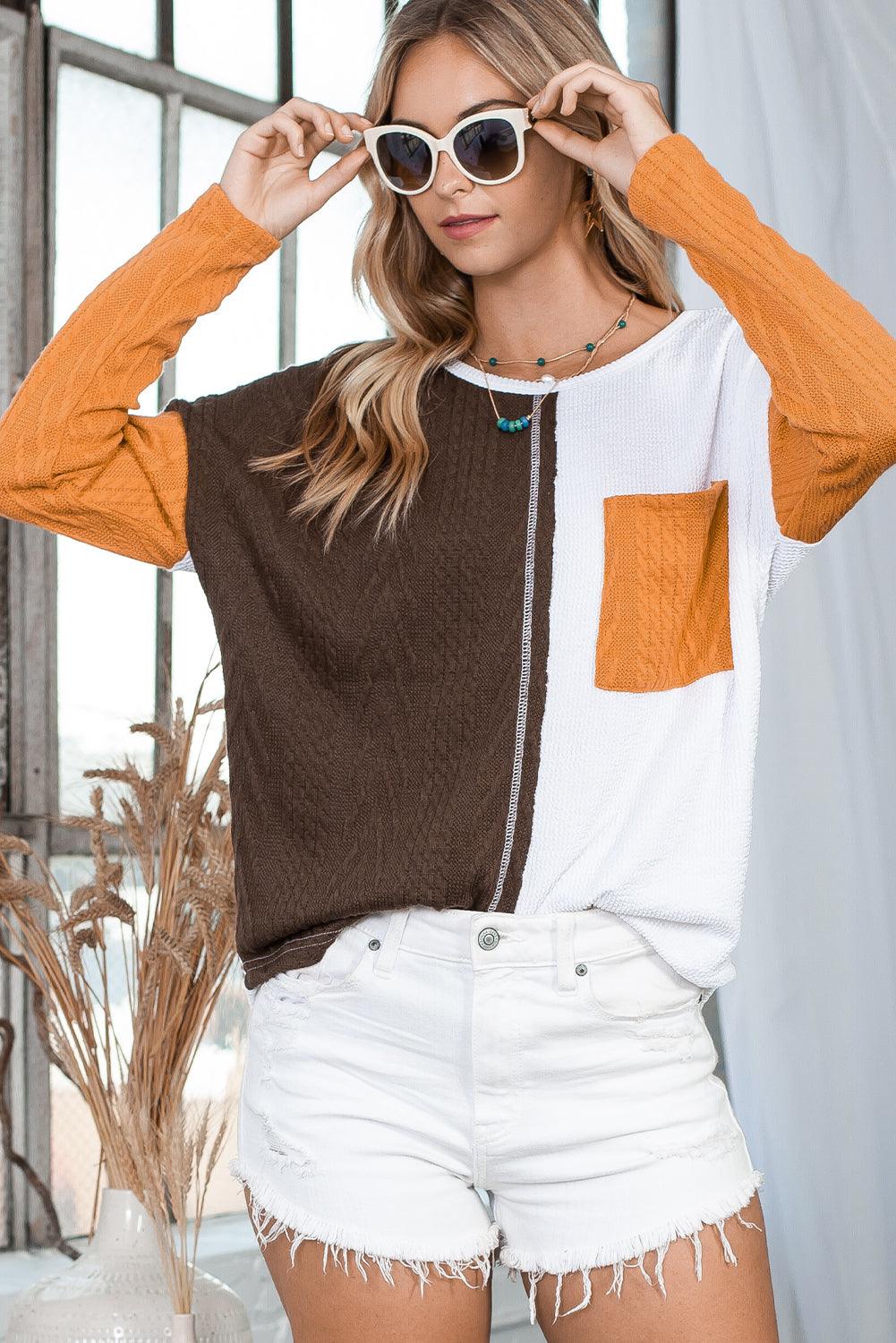 Brown Color Block Textured Chest Pocket Long Sleeve Top - The Fair Lady Shop