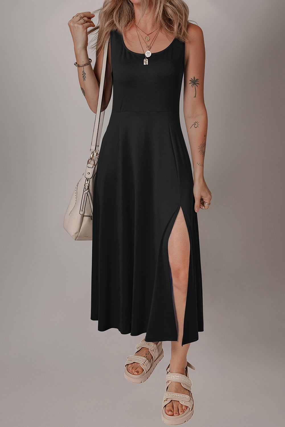 Black Sleeveless Scoop Neck Flared Split Midi Dress - The Fair Lady Shop
