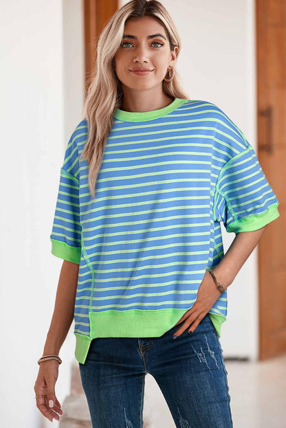 Pink Stripe Colorblock Drop Sleeve Oversized T Shirt - The Fair Lady Shop