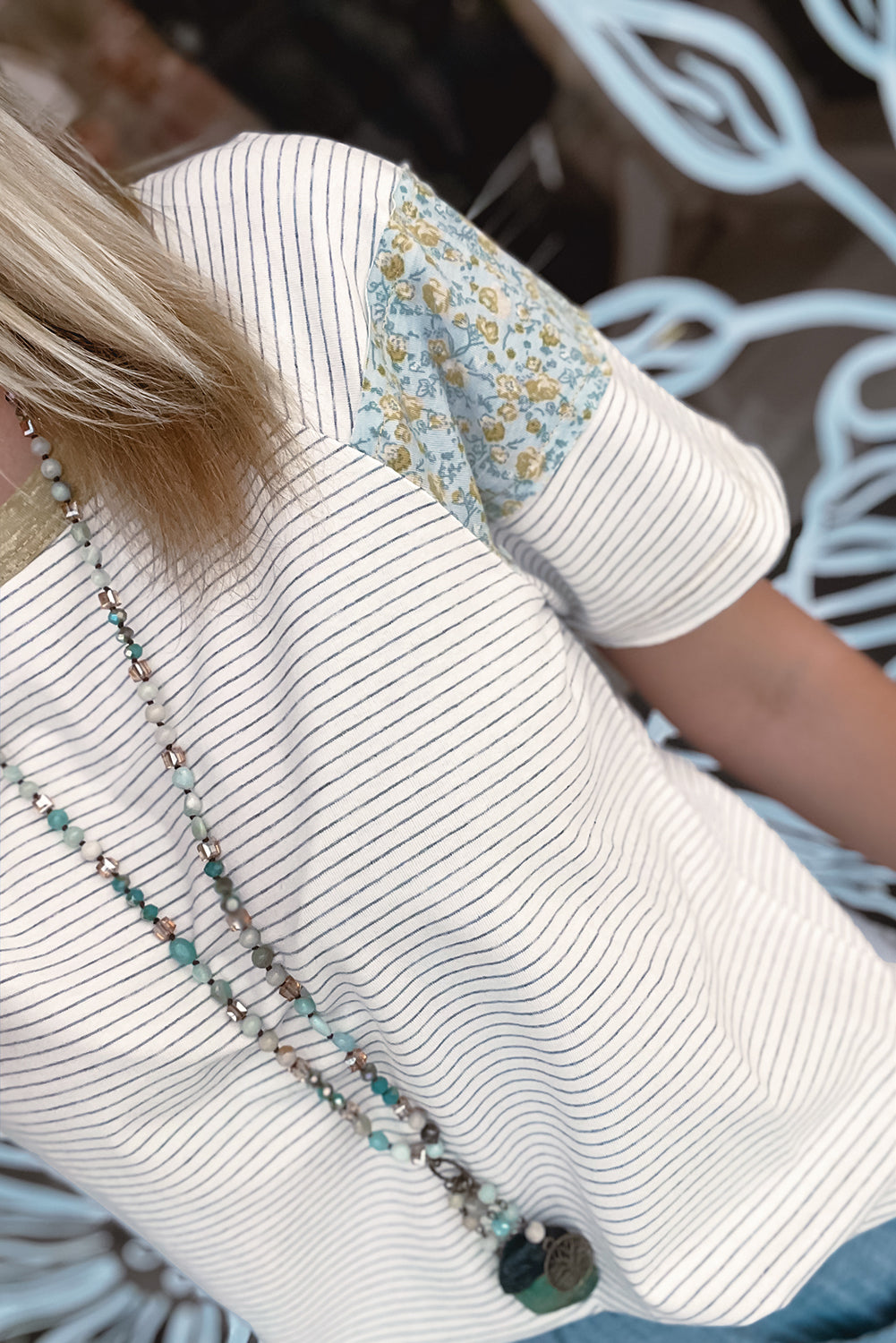 White Striped Floral Patchwork Sleeves Contrast Round Neck T Shirt - The Fair Lady Shop