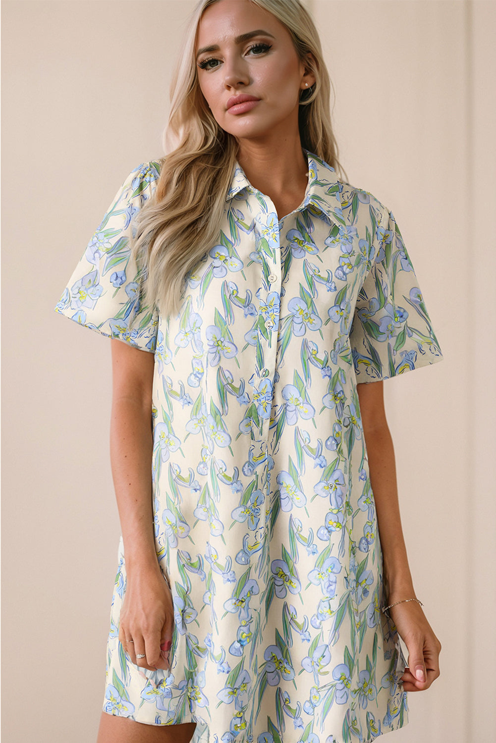 Green Floral Half Button Short Sleeve Mini Dress - The Fair Lady Shop