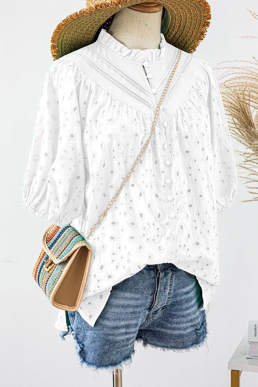 Bonbon Hollow-out Flower Embroidered Short Puff Sleeve Blouse - The Fair Lady Shop