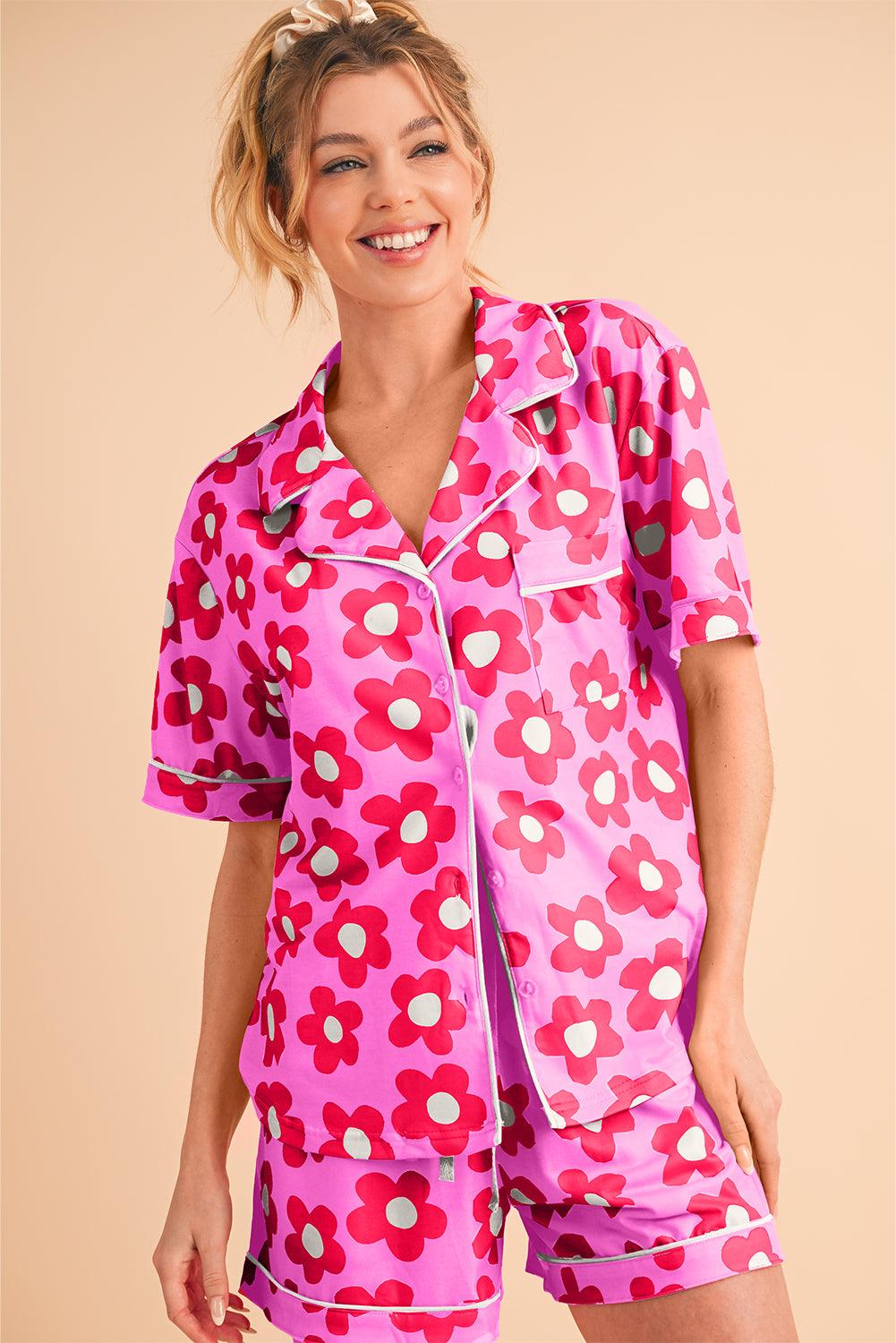 Green Flower Print Buttoned Shirt and Drawstring Waist Pajama Set - The Fair Lady Shop