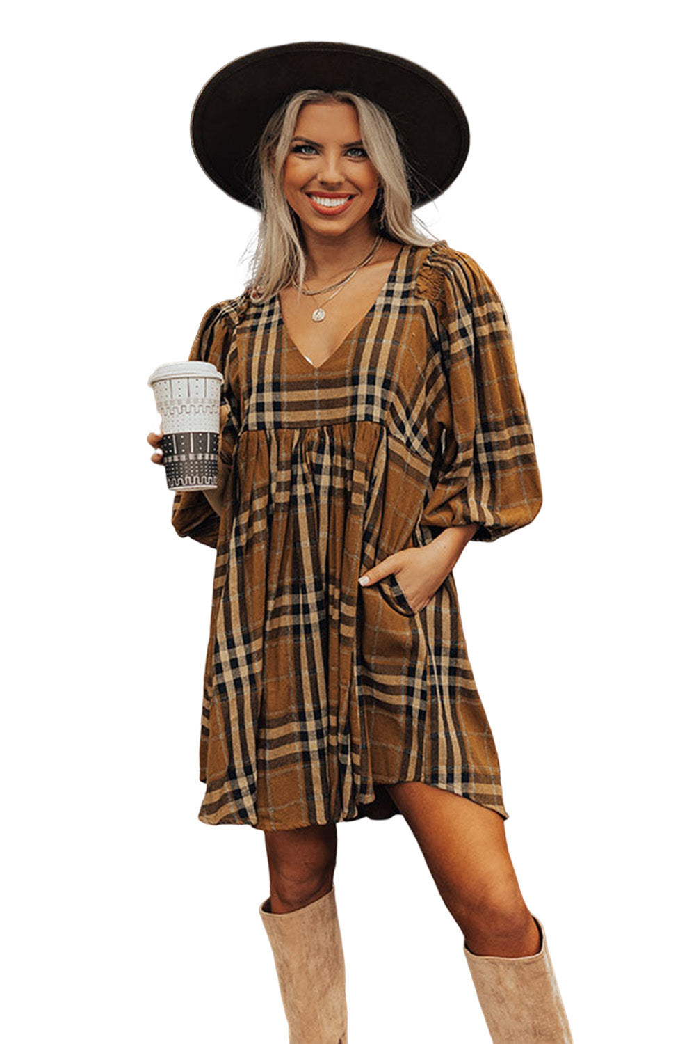 Brown Plaid Pattern Empire Waist Babydoll Dress - The Fair Lady Shop